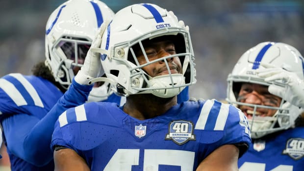 Indianapolis Colts linebacker E.J. Speed (45) strikes a pose Sunday, Sept. 10, 2023, during a game against the Jacksonville Jaguars at Lucas Oil Stadium in Indianapolis.